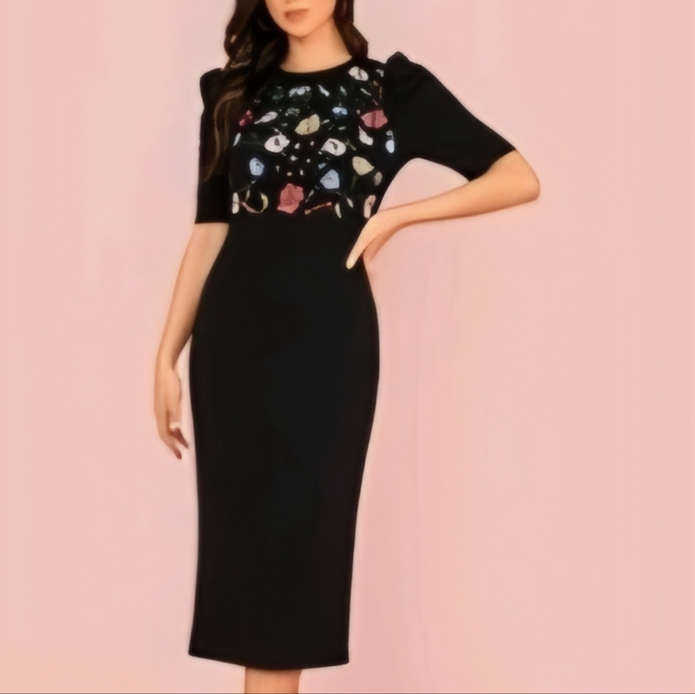 Shein V-back Puff Sleeve Embroidery Floral Pencil Dress Size Small‎